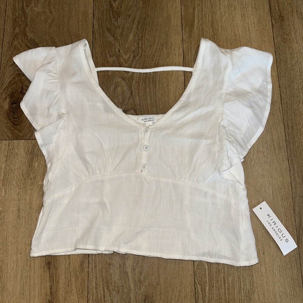 kirious Los Angeles Junior's Linen Blend Flutter Sleeve Baby Doll‎ Crop Large